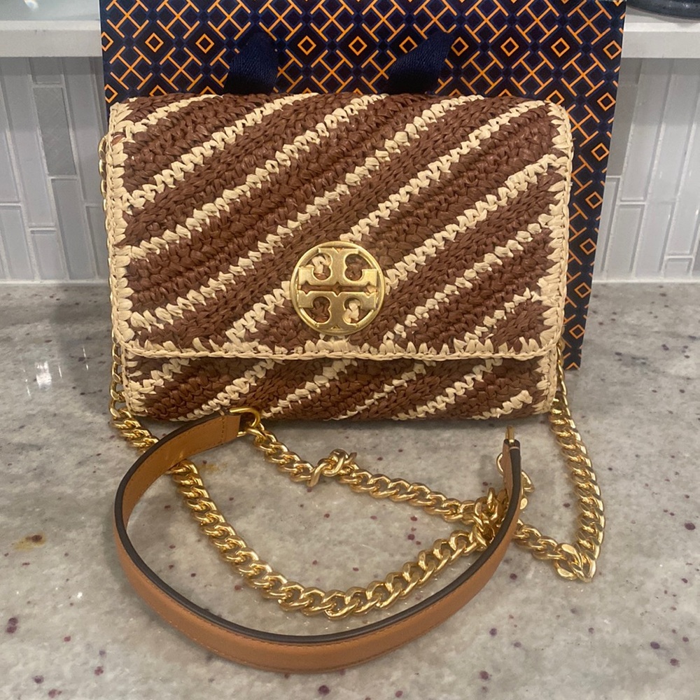 Tory Burch Tan and Cream Woven Crossbody Bag